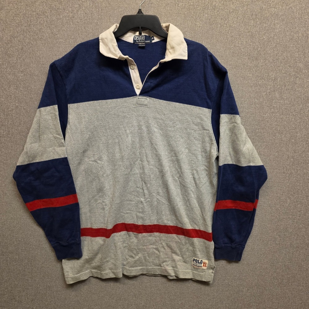 Vintage Polo Ralph Lauren Mens XL Rugby Shirt Navy Gray Red Colorblock USA